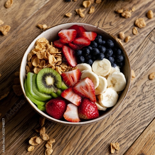 Bowl With Fruit and Cereal on a Wooden Surface in Soft Light