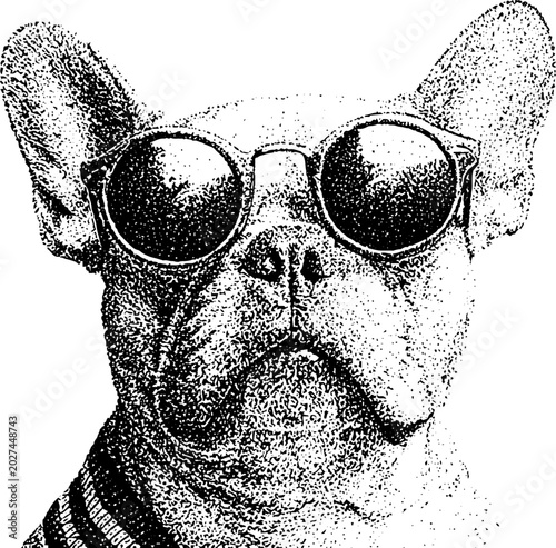 French bulldog wearing sunglasses facing white background