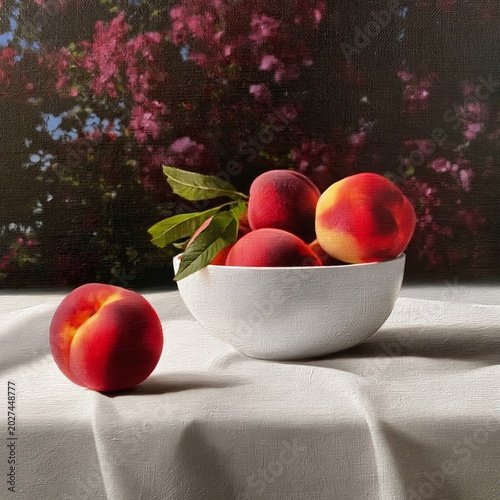 Fresh Peaches in a Bowl on a White Tablecloth With Flowers in the Background ...