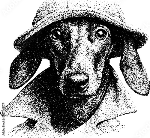 Dachshund looking forward wearing hat and coat white background