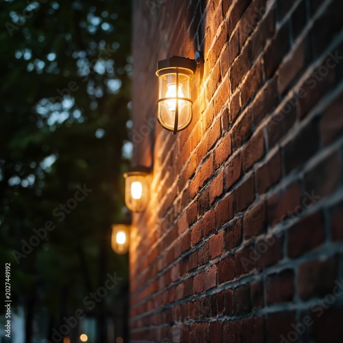 Warm Lights Shining on a Brick Wall During Evening Hours in an Outdoor Setting