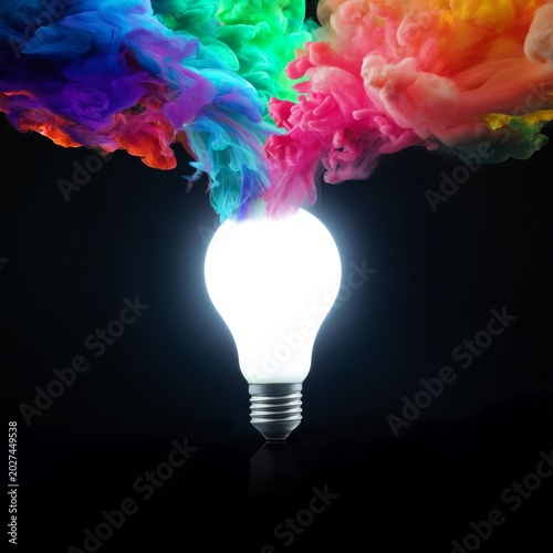Light Bulb Surrounded by Colorful Smoke in a Dark Setting