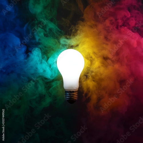 Light Bulb Shines in Colorful Smoke Against Dark Backdrop Creating Vibrant At...
