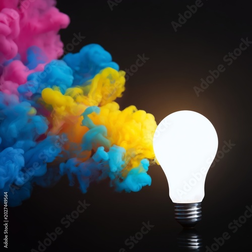 Light Bulb Shines in Colorful Smoke Against Dark Backdrop Creating Vibrant At...