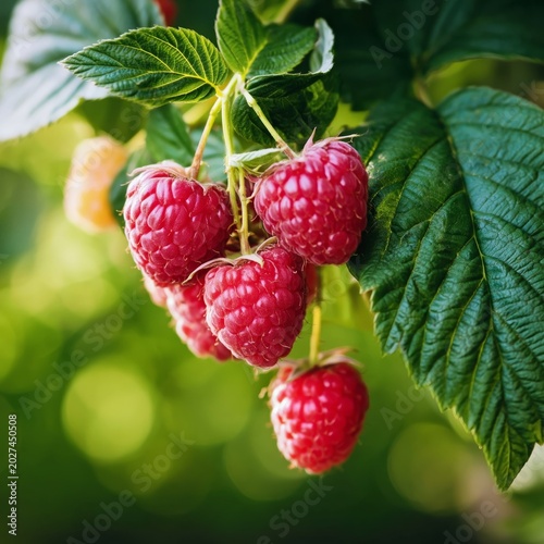 Fresh Raspberries Hanging on a Branch in the Garden During Daylight Hours