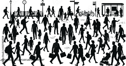Fotografie Set of Urban Pedestrian Silhouette Vector Illustrations Featuring People Walking