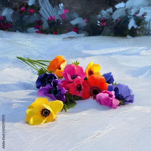 Colorful Bouquet of Flowers Placed on Snow During Winter in a Quiet Landscape