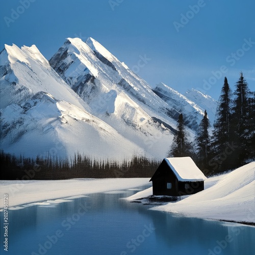 Snowy Mountains and a Cabin by the Lake During Winter Afternoons Near a Fores...