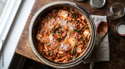 Traditional Fermenting Kimchi Bubbling in Earthenware Pot Rustic Overhead Food Styling