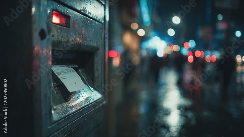 Close up of a worn, metallic parking meter with a ticket dispensed, blurred urban night background