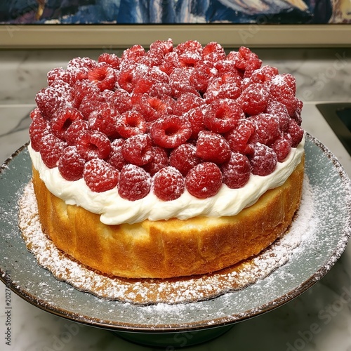 Raspberry Cake With Cream on a Marble Table Ready for Serving in a Kitchen Se...
