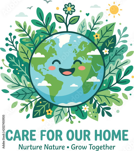 Cartoon earth illustration with leaves and flowers cheerful design