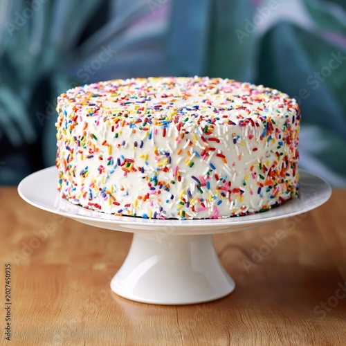 Colorful Cake Topped With Sprinkles Sits on a White Cake Stand in a Bright Se...