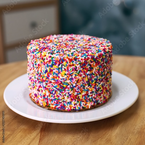 Birthday Cake With White Frosting and Colorful Sprinkles on Wooden Table Agai...