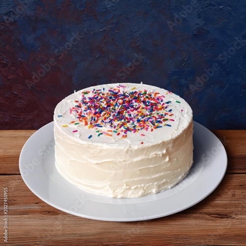 Birthday Cake With White Frosting and Colorful Sprinkles on Wooden Table Agai...