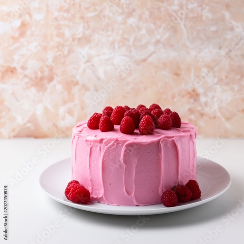 Delicious Pink Cake With Raspberries Displayed on a White Plate in a Bright S...