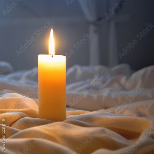 Candle Lit on Soft Fabric in Dim Light During Evening Hours