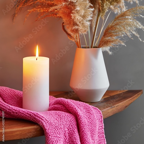 Candle Lit on a Table Next to a Pink Blanket in a Cozy Indoor Setting During ...