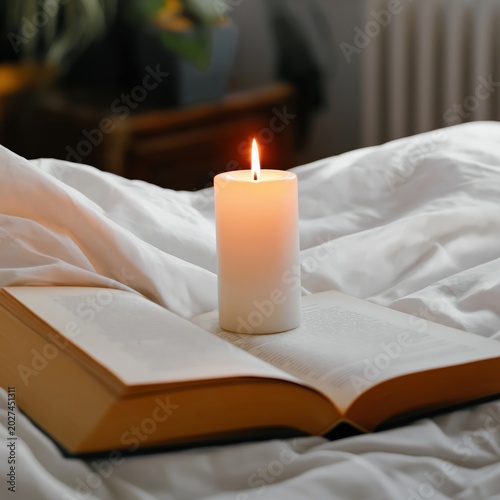 Warm Candle Light Shines on Open Book by Window in Cozy Room at Evening