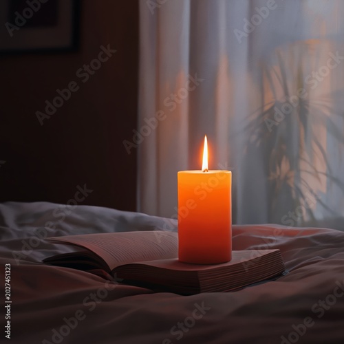Candle on an Open Book Beside a Bed During Evening Hours