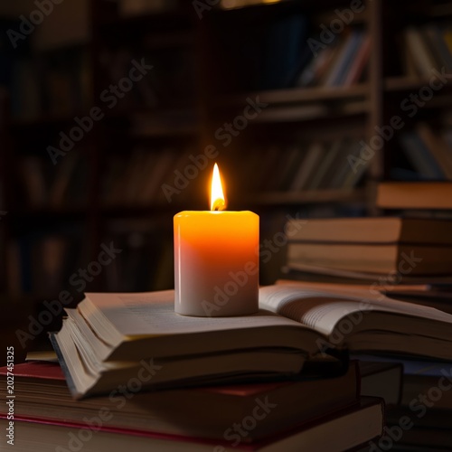 Candle Burns on Open Book Surrounded by Stacked Books in Library at Night