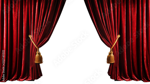 Fotografia Rich red velvet theater curtains with golden tassels, isolated on transparent ba