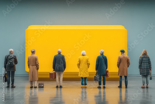 Minimal gallery scene with unserious intellectual humor. Ideal for contemporary art commentary and pop culture concepts.