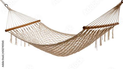 Foto Woven rope hammock with wooden spreader bars, isolated on transparent background