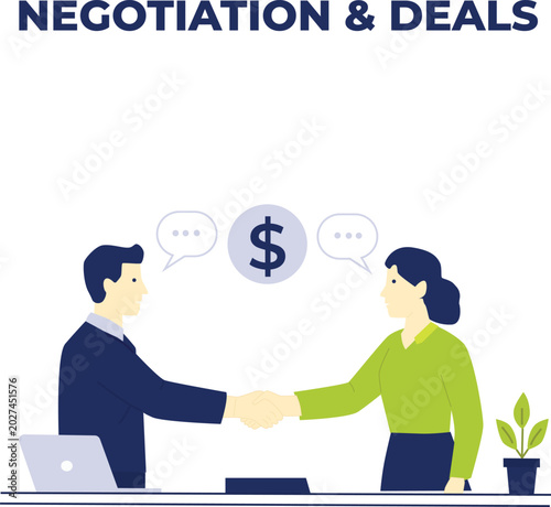 Negotiation and Business Deal Concept Illustration with Handshake, Laptop and Partnership Agreement