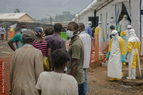 Facing an unseen deadly foe as masked individuals await help at an Ebola treatment center