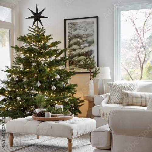 Christmas Tree Stands in Living Room With Decorated Wall and Comfortable Furn...