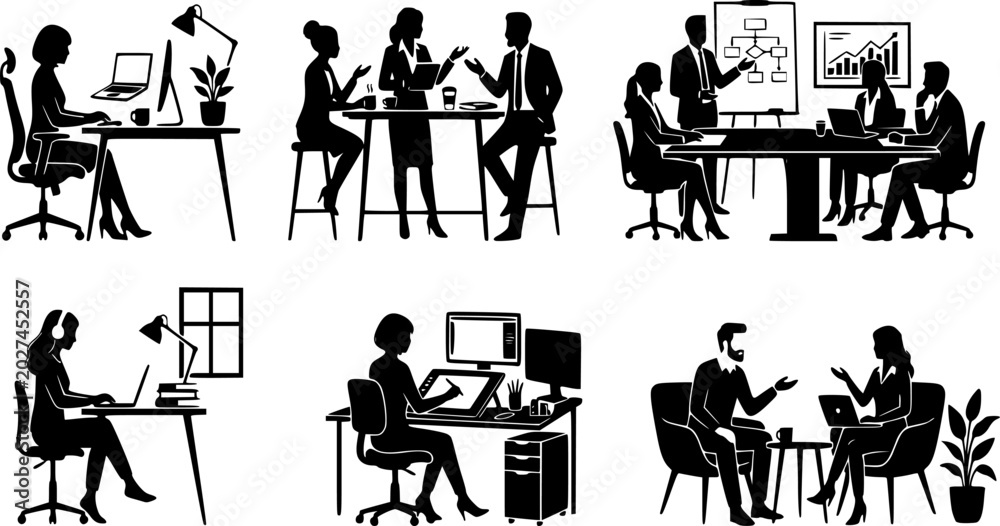 Fototapeta premium Stylish silhouette set of workplace 