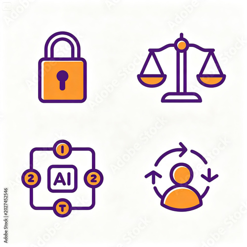 Icons representing digital security and artificial intelligence are arranged in a clean grid layout.