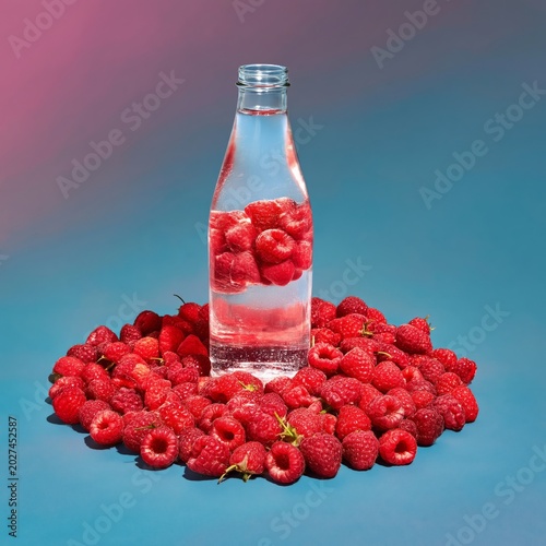 Raspberry Water Bottle Surrounded by Fresh Raspberries on a Blue Background D...