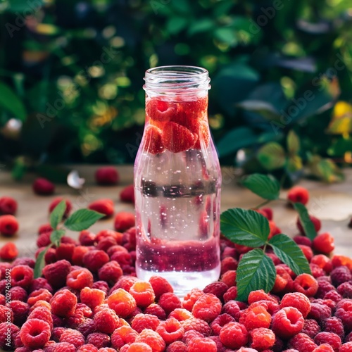 Raspberries Placed Around a Clear Bottle With Water and Fresh Raspberries Ins...