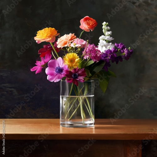 Flowers in a Clear Vase on a Wooden Table Against a Dark Background