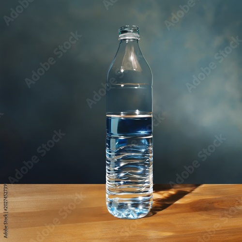 Water Bottle on Wooden Table With Blue Liquid and Soft Background