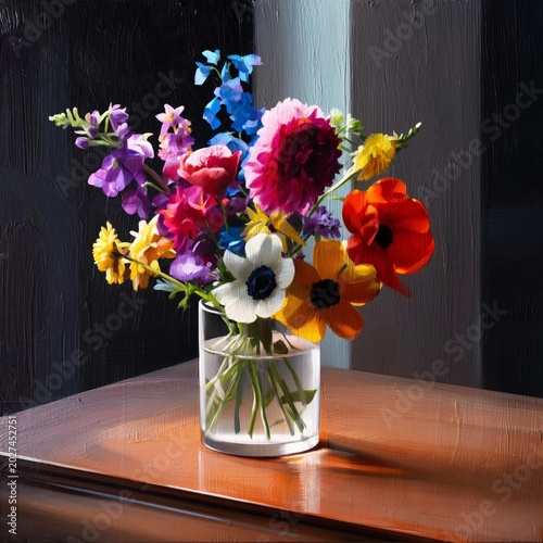 Flowers in a Clear Vase on a Wooden Table Against a Dark Background
