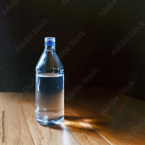 Clear Water Bottle on Wooden Table Against Dark Wall in Bright Light During Day