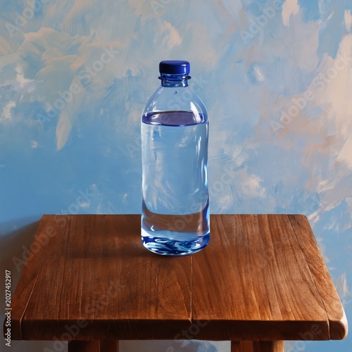 Water Bottle on Wooden Table Against Blue Wall Background in a Simple Indoor ...