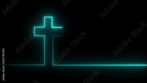 Glowing neon Cross and come and worship text in thin lines style.4k motion graphics video
