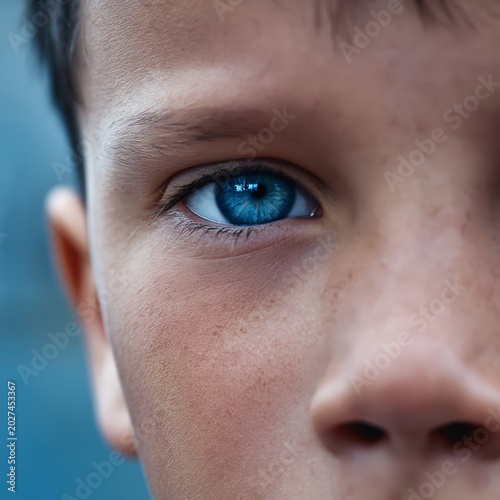 Young Boy With Blue Eyes Looking Directly at the Camera in an Outdoor Setting...