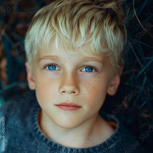 Boy With Blue Eyes Looking Thoughtfully While Resting on His Arms Indoors