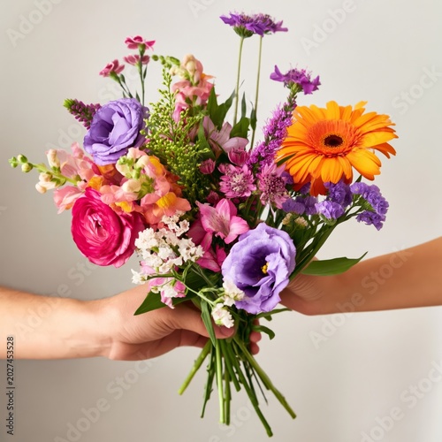 Two Hands Exchanging a Colorful Flower Bouquet With Various Flowers in a Neut...