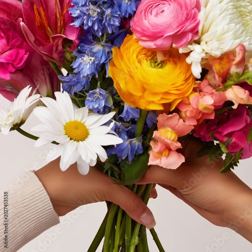 Two Hands Exchanging a Colorful Flower Bouquet With Various Flowers in a Neut...