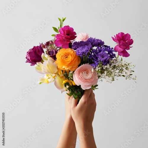 Flowers Are Held up by Two Hands Against a Plain Background Showing Different...