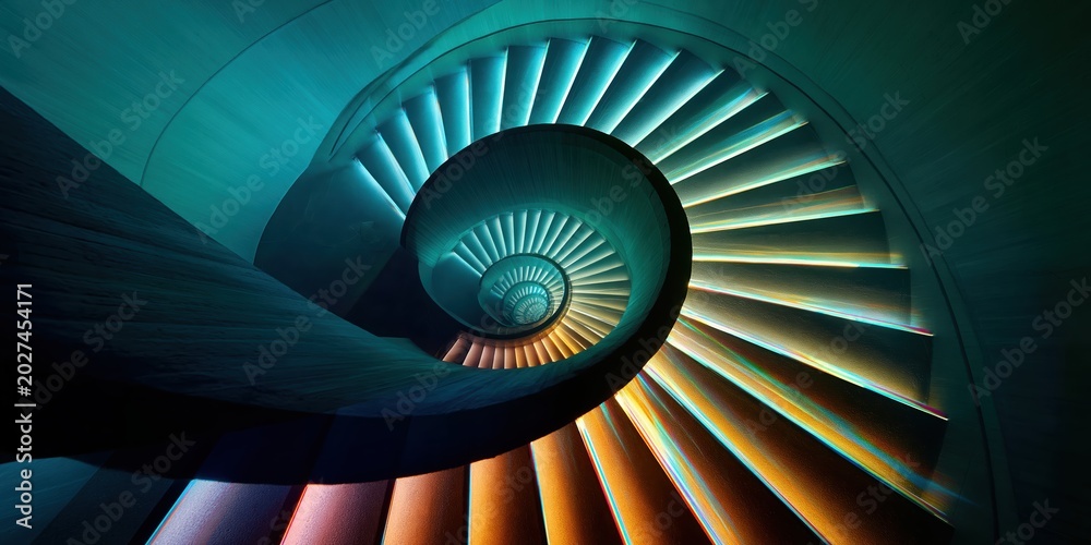Obraz premium Abstract spiral staircase illuminated with turquoise and golden neon lighting creating futuristic architectural symmetry in dark modern interior Concept of innovation and infinity