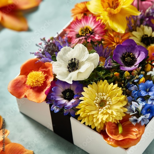 Colorful Flowers Arranged in a White Box for a Special Occasion in a Bright S...