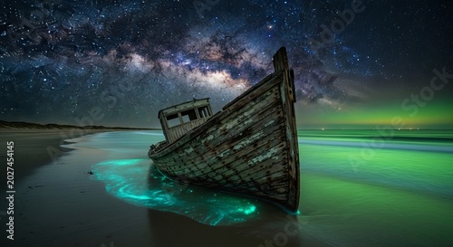 Abandoned wooden shipwreck glowing with bioluminescence under a starry milky way sky