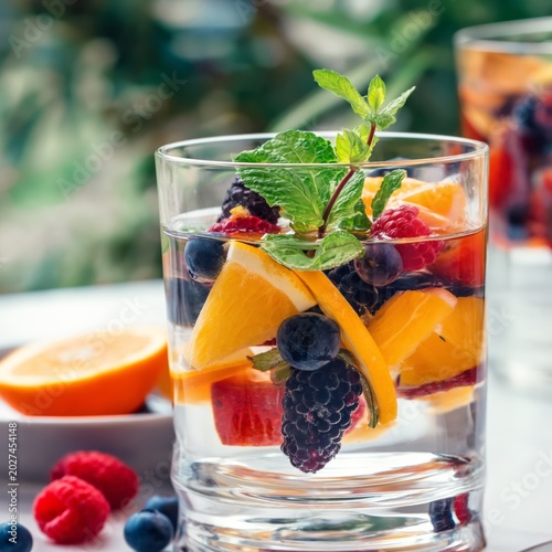 Fresh Fruit Drink With Mint in a Clear Glass on a Table